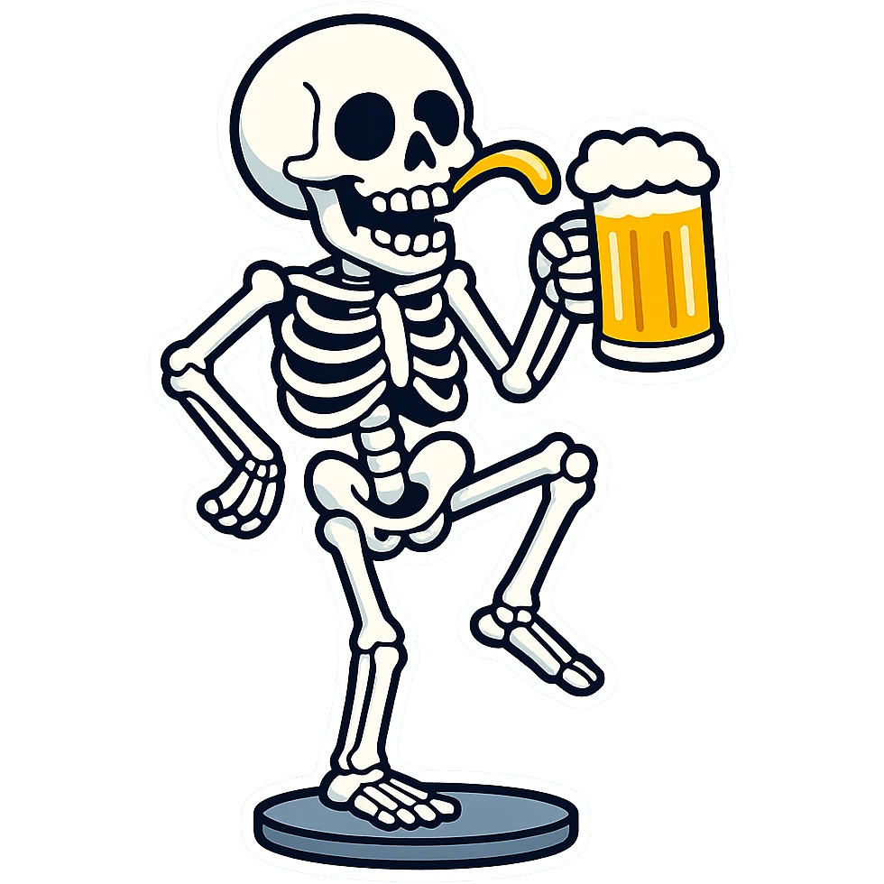 Create a variant of a skeleton drinking a beer while balancing on one leg like a flamingo, in a cartoon sticker style. The style should mimic cartoonish stickers with bold outlines and vibrant colors. emoji