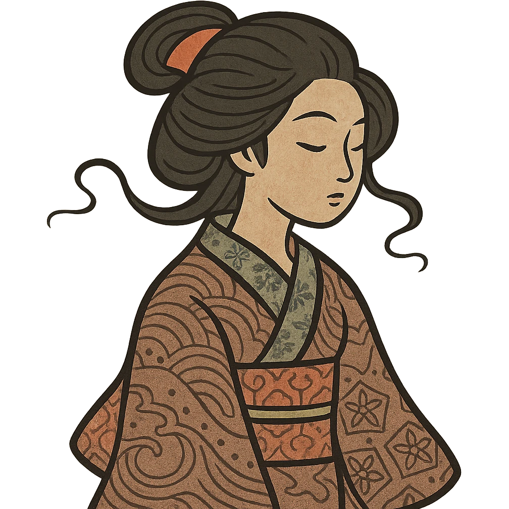 Japanese girl, ukiyo-e inspired style, traditional clothing, stylized lines emoji