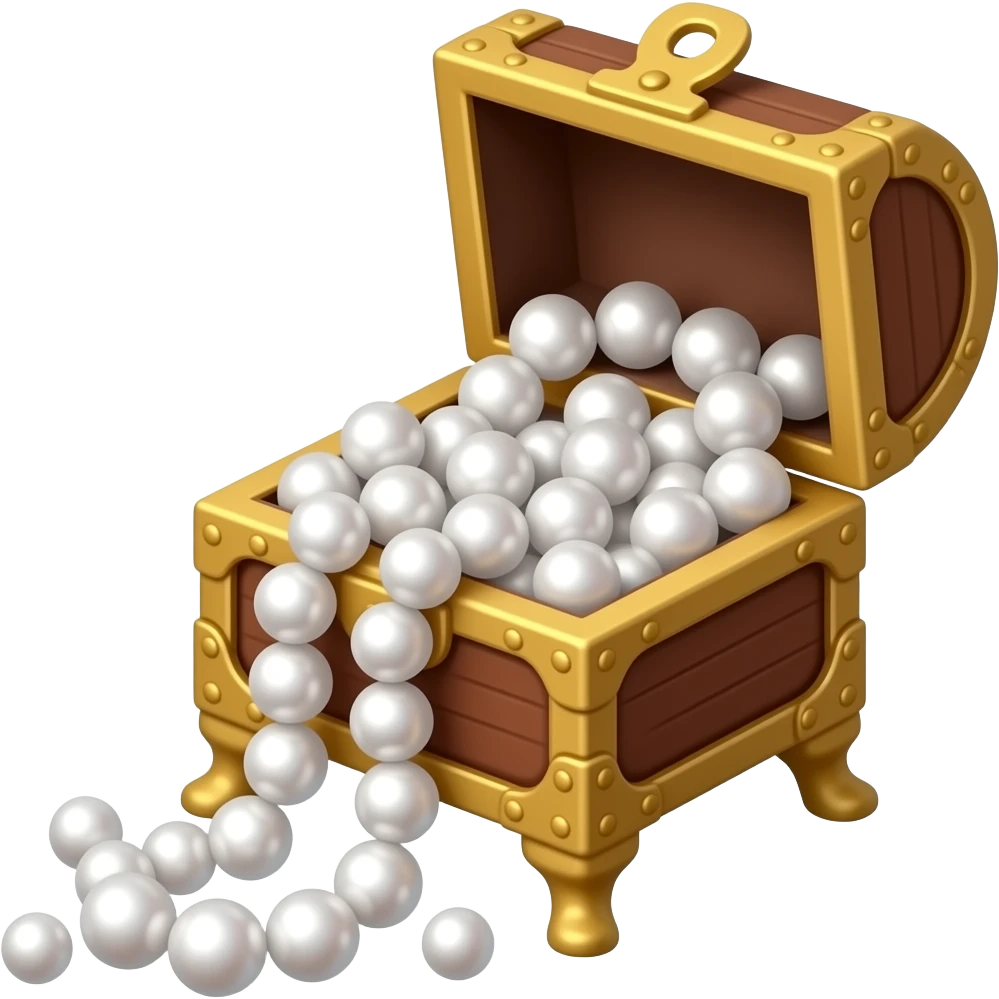 A jewelry box with legs filled with pearl beads of various sizes, some of which are spilling out emoji
