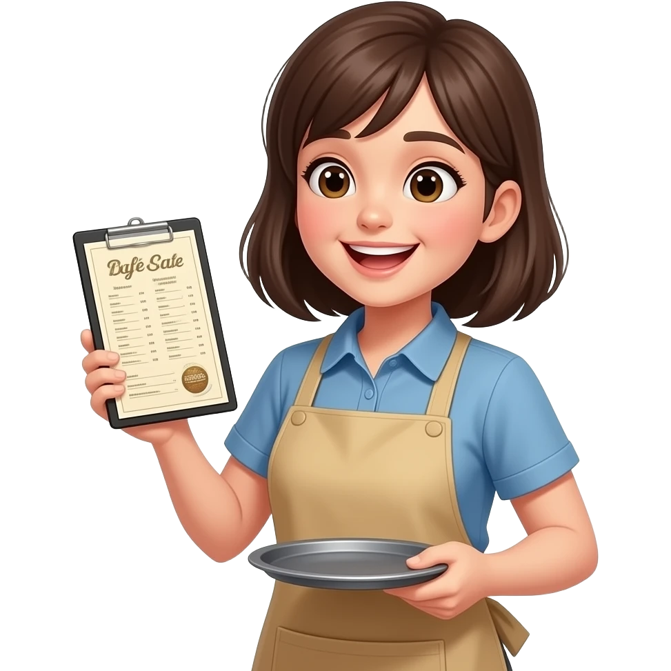 1) cute pixel art style, pastel colors, young female cafe worker, beginner part-timer, slightly clumsy posture, holding menu or tray awkwardly, bright and enthusiastic expression, small apron, simple uniform, soft lighting, game character sprite emoji