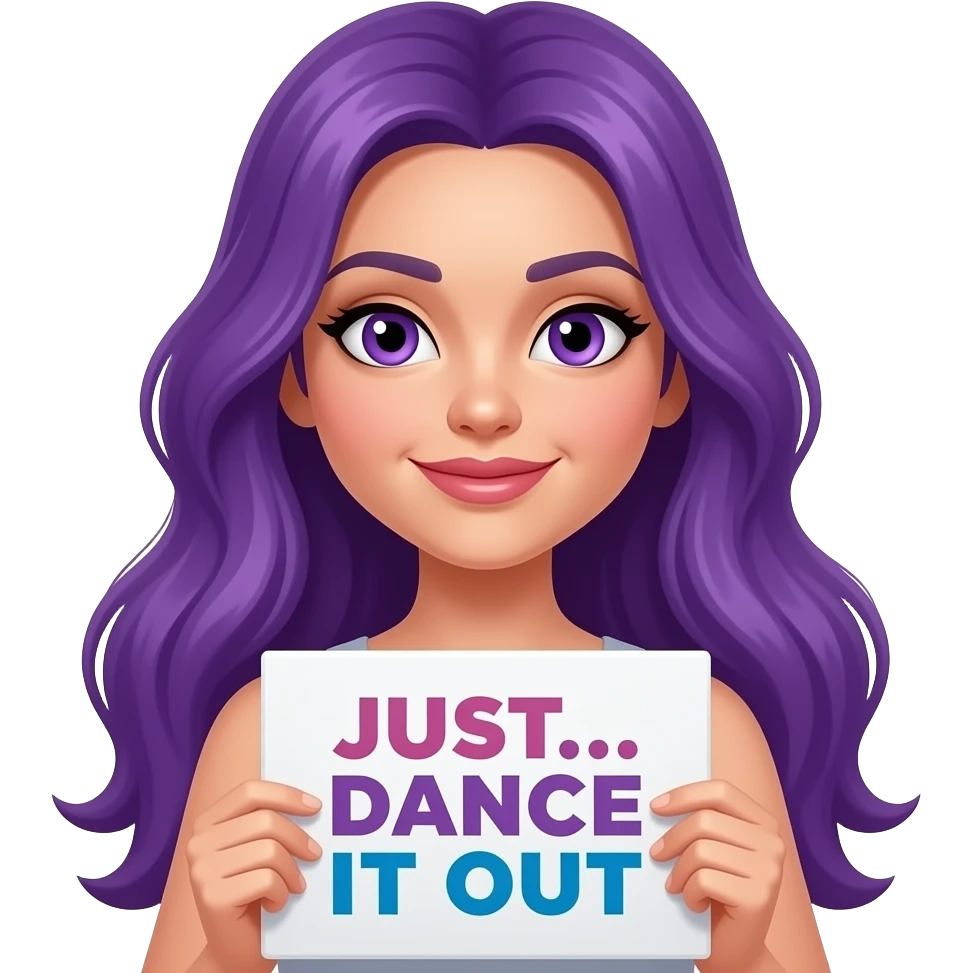 sexy girl with long purple hair and purple eyes holding a JUST... DANCE IT OUT sign emoji