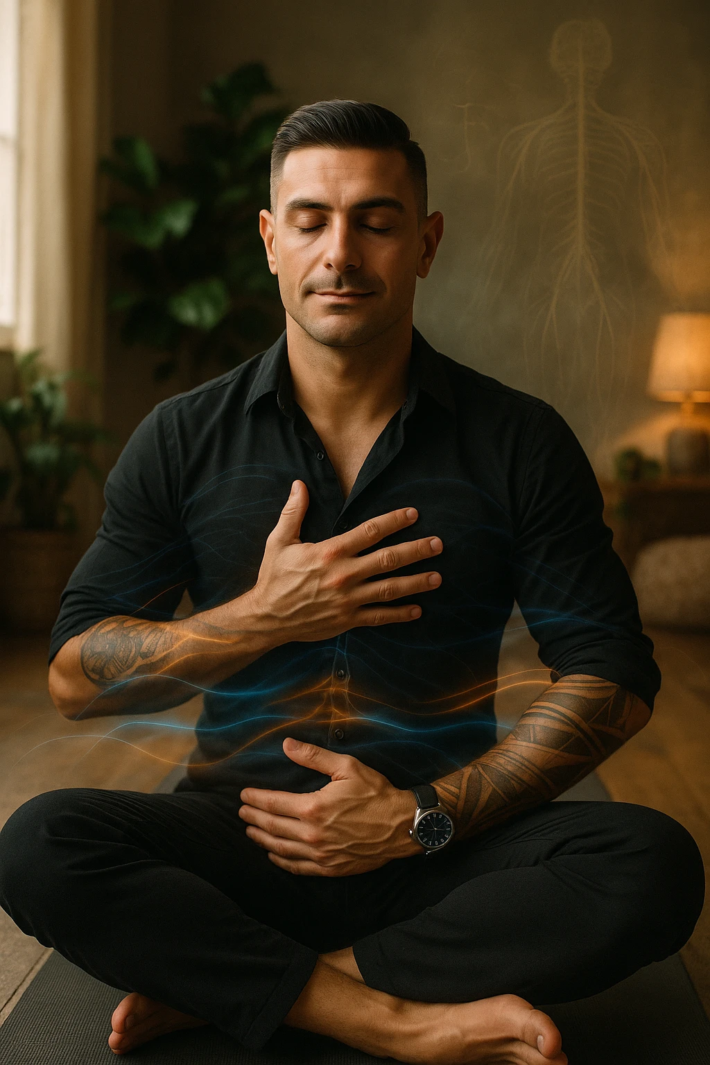 A highly realistic, cinematic portrait of a man in his early 30s with a calm, focused expression, sitting cross-legged on a yoga mat in a softly lit, peaceful room with warm, natural light. His eyes are gently closed as he practices slow, deep breathing, with one hand on his chest and the other on his abdomen, visibly rising and falling, symbolizing diaphragmatic breathing. Subtle blue and warm golden light waves gently swirl around him, visually representing the calming of anxiety, stress, and depressive thoughts. His posture is upright but relaxed, with relaxed shoulders and a slight serene smile on his lips, showing emotional relief and inner calm. The background has green plants and soft textures, evoking a peaceful and healing environment. The style is 35mm hyperrealistic photography with soft depth of field, focusing on his peaceful face and breathing posture, while faint overlays of nervous system diagrams and gentle energy waves hint at the healing power of conscious breathing on the mind and body emoji