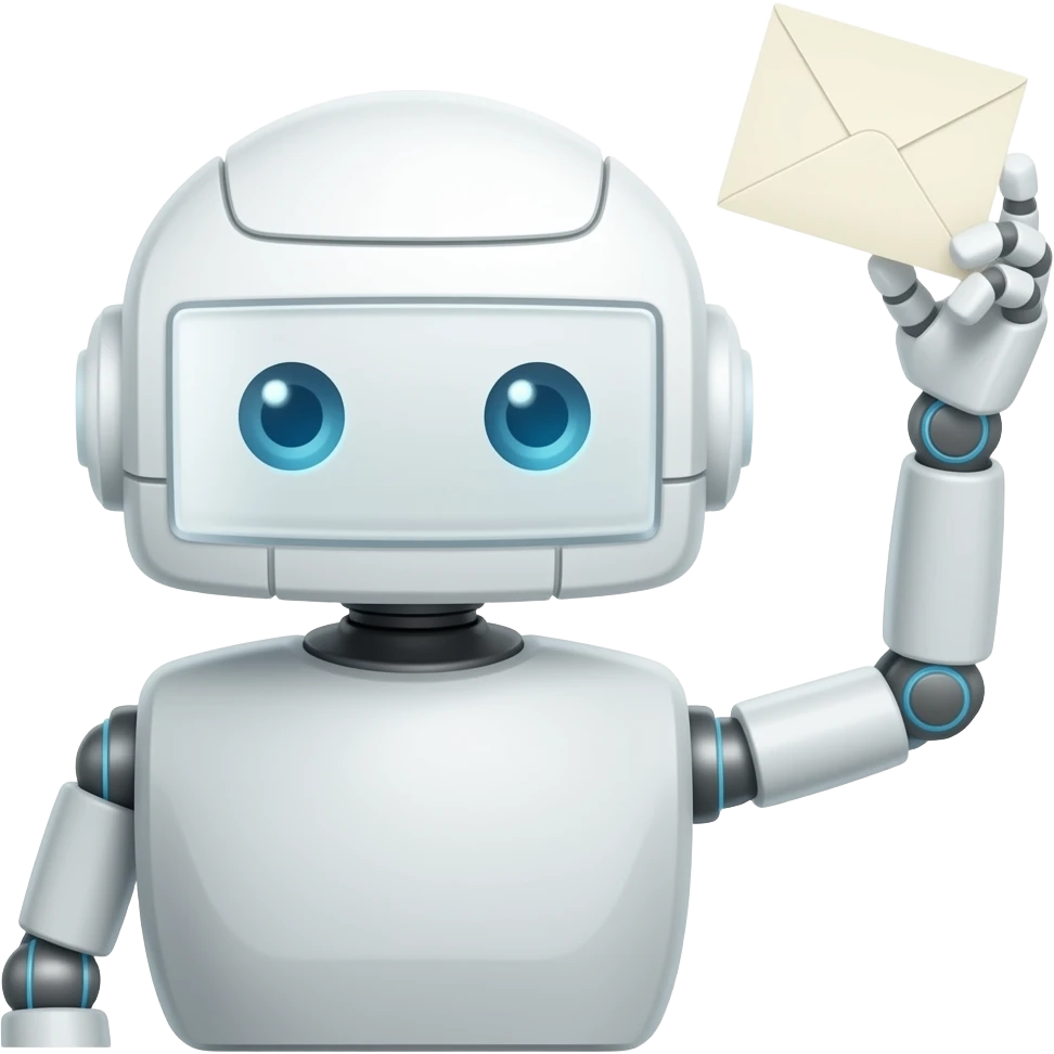 Robot mirando abajo,con un brazo levantado que sostiene un sobre de carta emoji