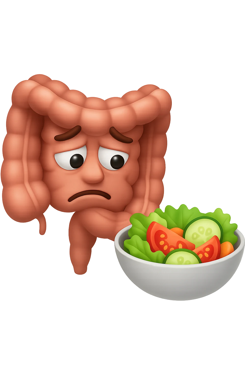 EMOJI STILE IPHONE DI UN INTESTINO UMANO ANATOMICO CHE GUARDA UN INSALATA CON ESPRESSIONE TRISTE E RASSEGNATA IN VOLTO: SOFFRE LA FAME PERCHé è A DIETA, FAGLI ANCHE LA PARTE BIANCA DEGLI OCCHI, NON SOLO LE PUPILLE emoji