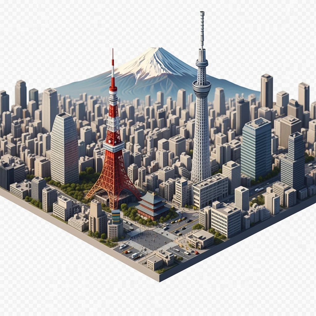 Isometric illustration of Tokyo, with photorealistic detailed miniature cityscape included Tokyo Tower, Skytree, Shibuya Crossing, Mount Fuji in background, balanced colors, subtle 3D miniature effect, no cartoonish look, transparent background. emoji