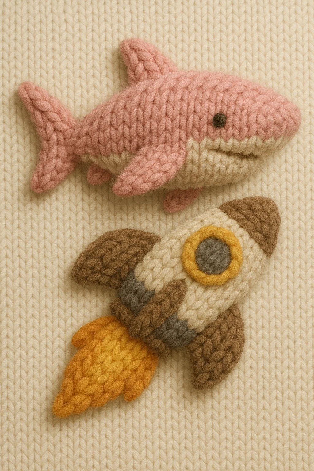 a pink shark soaring above a rocket, whimsical, knitted patch style emoji