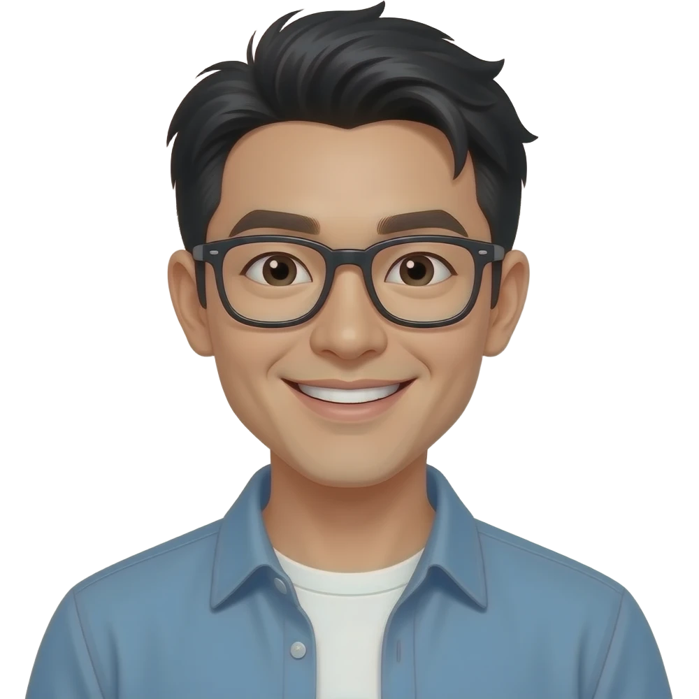 An emoji of a cheerful, trendy-looking Asian man in his 20s wearing glasses and smiling emoji