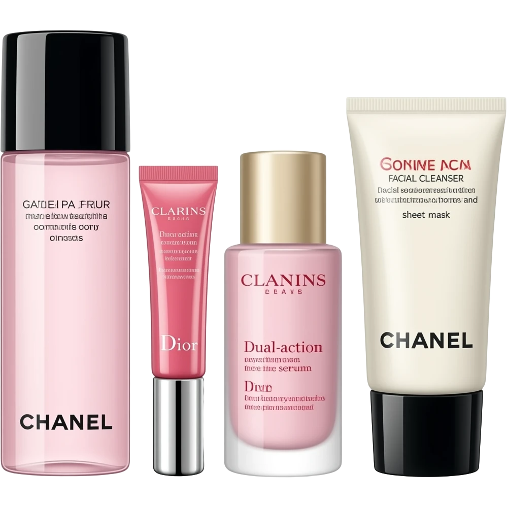 Chanel pink-bottled water, Dior pink eye cream, Clarins dual-action serum, Chanel facial cleanser, and a sheet mask next to them emoji