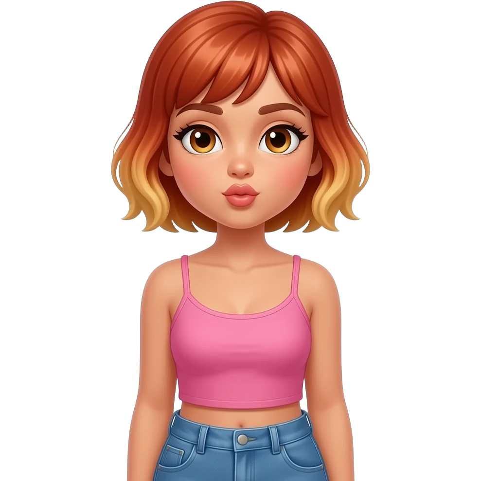 Diva Hazel eyes, tanned skin. Red blonde very short hair. Pink singlet. Blue jeans. Waist up. Closed eyes and blowing kiss emoji