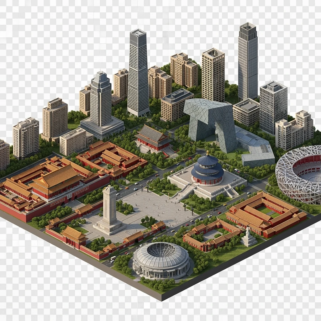 Isometric miniature of Beijing Forbidden City, Tiananmen Square, CCTV Headquarters, Temple of Heaven, China Zun skyscraper, Bird’s Nest Stadium, Beijing apartment blocks, 3D miniature effect and Tilt Shift effect, no cartoonish look, transparent background, don't cut angles emoji