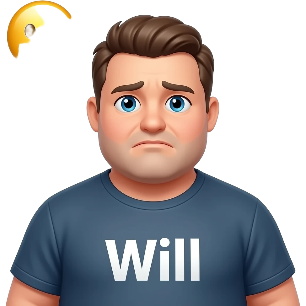 Personaje muy gordo, se llama Will. En su camiseta pone su nombre (Will), y en la mayoria de sus emojis y sale triste( 2 emojis contento, 4 triste, 2 enfadado y 5 sudado) emoji