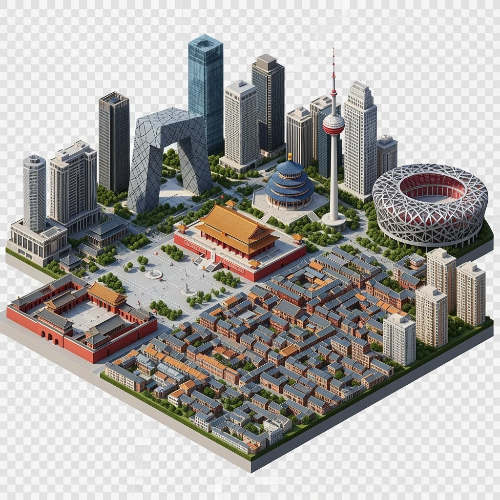 Isometric miniature of Beijing Forbidden City, Tiananmen Square, CCTV Headquarters, Temple of Heaven, China Zun Bird’s Nest Stadium and crowded hutong alleys, apartment blocks, 3D miniature effect and Tilt Shift effect, no cartoonish look, transparent background, don't cut angles emoji