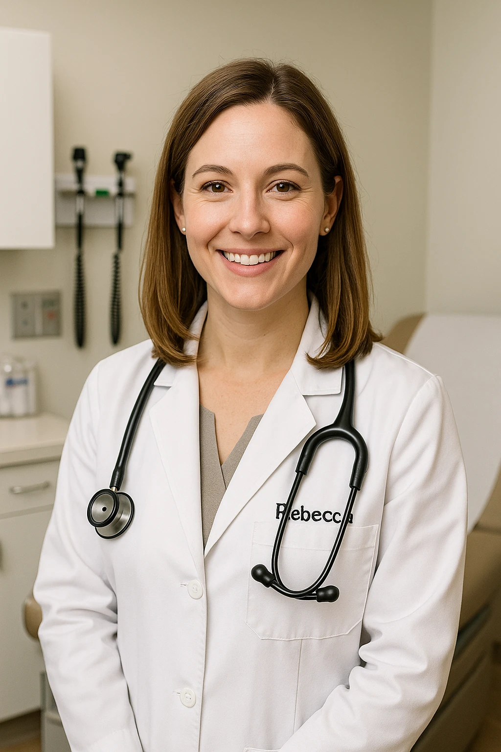 A woman named Rebecca working as a doctor, wearing a white coat and stethoscope, friendly expression, professional medical setting emoji