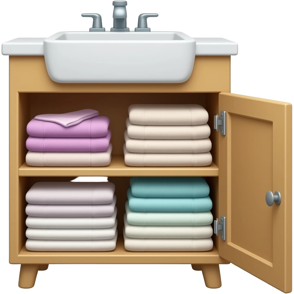 Bathroom floor cabinet with a lot of towels inside emoji