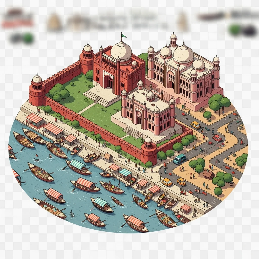 Isometric minimalistic illustration of Dhaka – Lalbagh Fort, Ahsan Manzil, bustling river boats, dirty colorful streets, subtle 3D miniature effect and Tilt Shift effect, no cartoonish look, transparent background. emoji