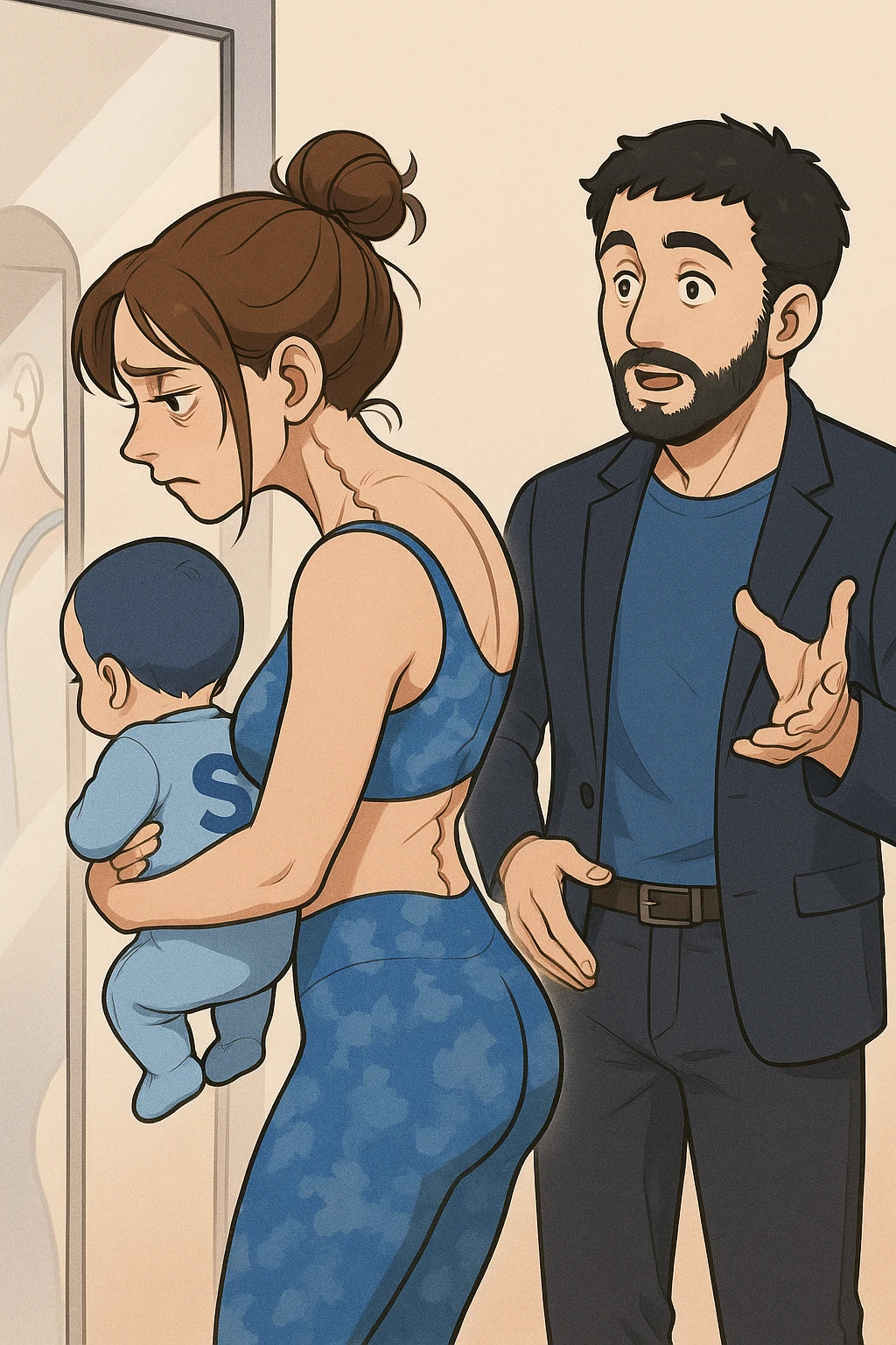 ispirati a questo stile di disegno e fai questa immagine in versione manga/webtoon a colori, il manga mostra la donna che si guarda alla specchio preoccupata di profilo con la postura sbagliata e incurvata, spalle chiuse e curve in avanti, con un neonato in braccio con una tutina azzurra e la scritta "S" blu sulla schiena, spina dorsale storta della donna in evidenza mentre al suo fianco anche l'uomo guarda la donna riflessa nello specchio e le spiega una cosa, ma non fare i fumetti, fai come se stessero parlando emoji