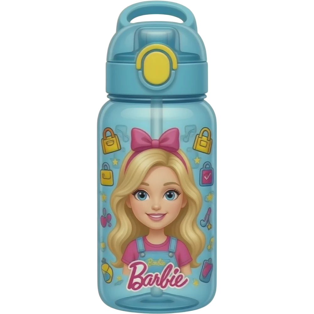 soft blue yellow aesthetic cute school Water bottle for teenage girl, transparent background inspired by barbie colour pallete emoji
