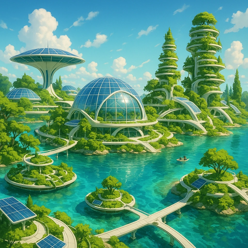futuristic solarpunk island, advanced green tech, floating gardens, solar-powered domes, crystal-clear water, lively and hopeful mood emoji