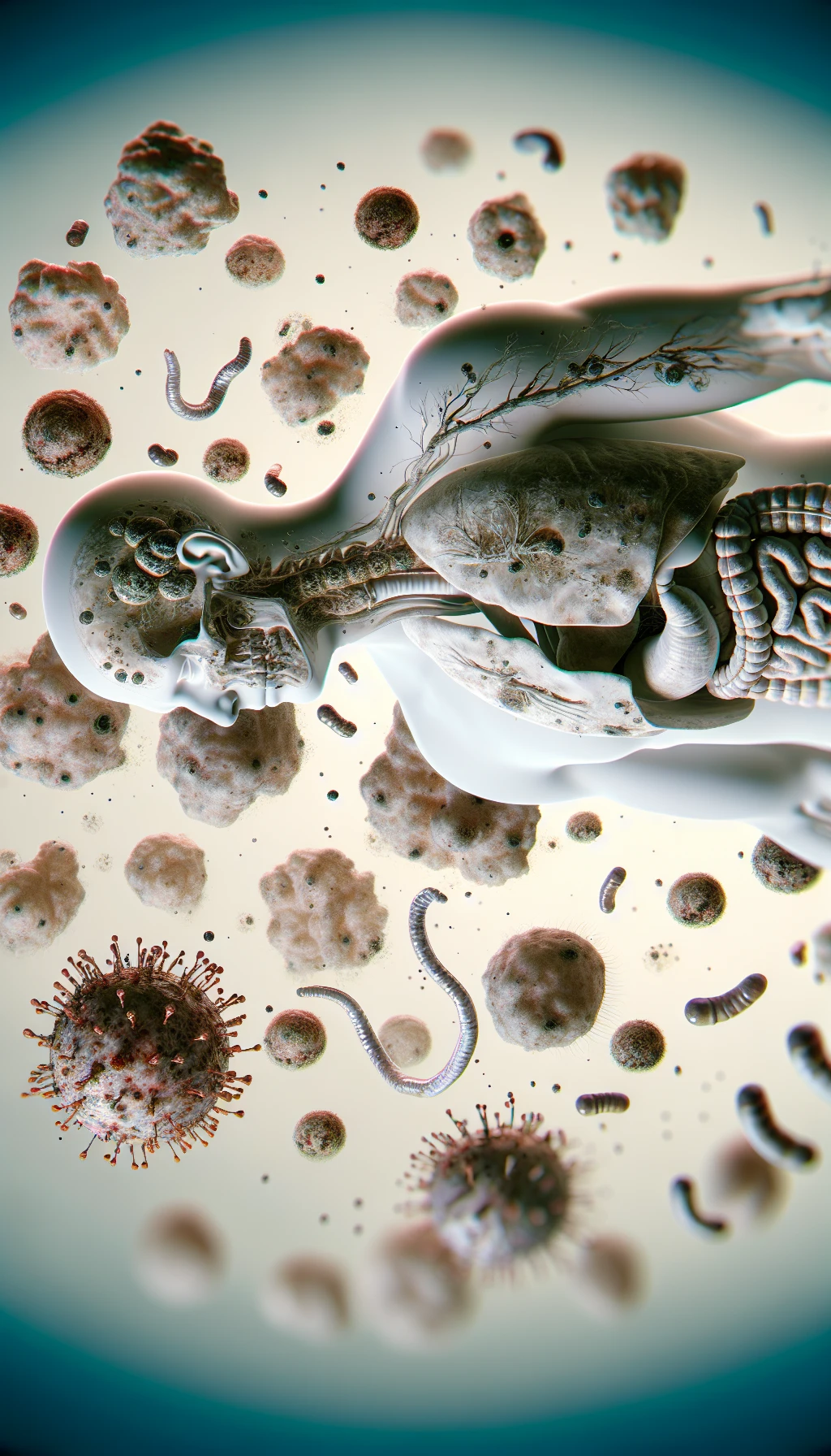 corpo umano anatomico con cellule tumorali intorno, cancro e malessere generale, parassiti come la tenia intorno, sfondo neutro chiaro, iperrealistico 4k emoji