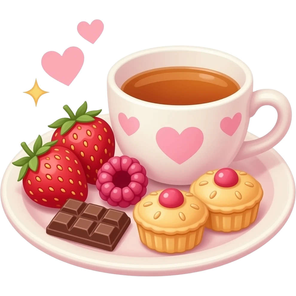 emoji-style illustration of a cozy snack plate for a reader, filled with strawberries, raspberries, chocolate, small pastries, and a cup of tea, soft pastel colors, sparkles, hearts, bookish vibe, minimal background, kawaii emoji style, no characters emoji