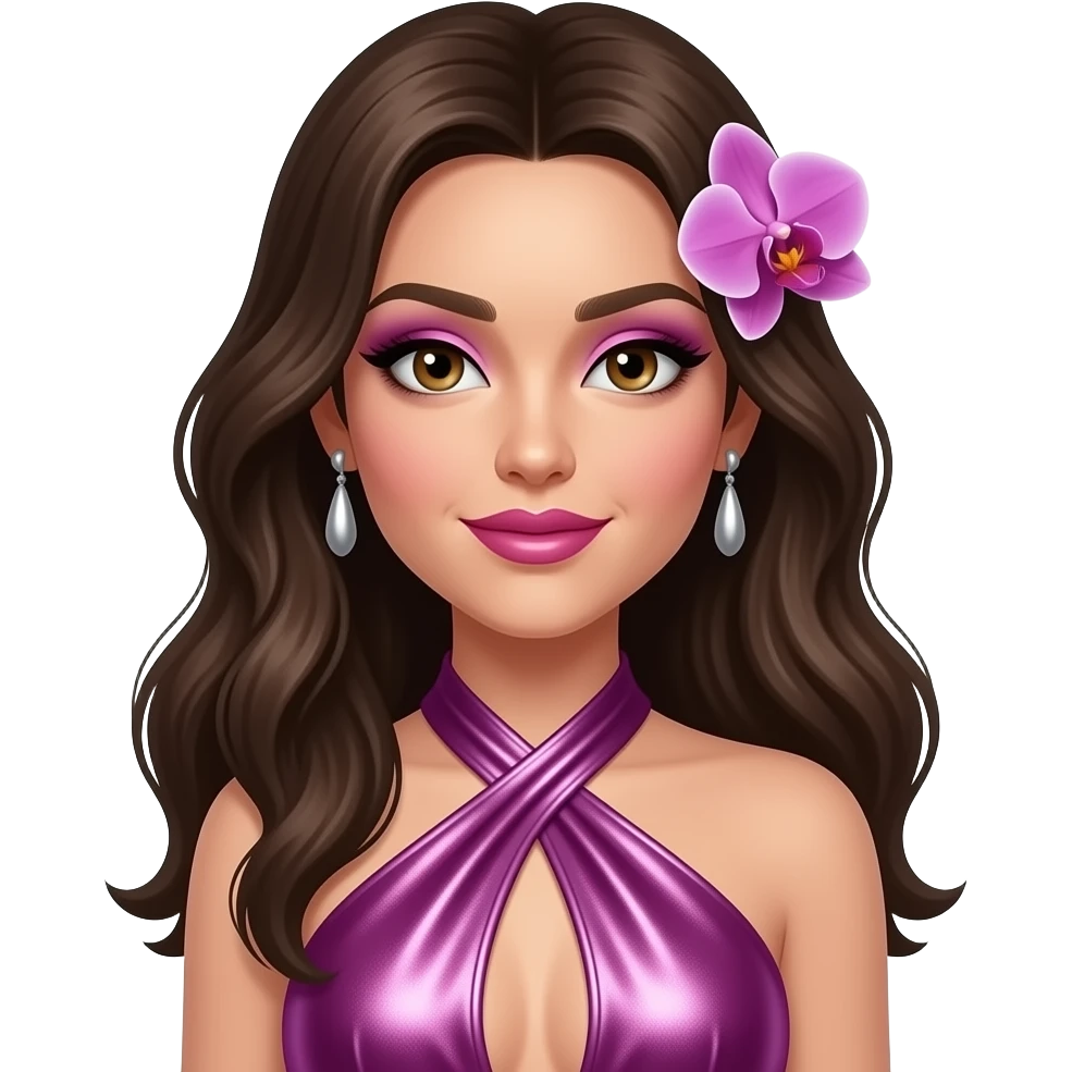 Renee Sands from Wild Orchid with hazel eyes, long dark brown hair, orchid eyeshadow, hot pink lipstick, orchid metallic halter dress, silver earrings emoji