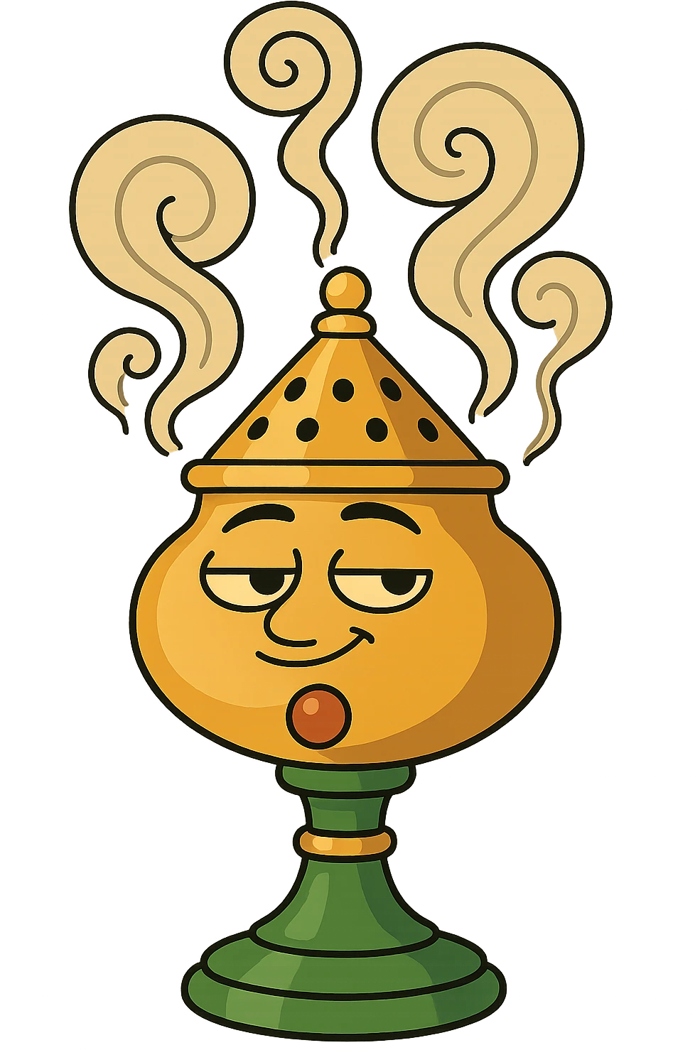 incense burner with elegant smoke curls, flat modern style, bright saturated colors golds greens reds, minimal but expressive, universal look emoji