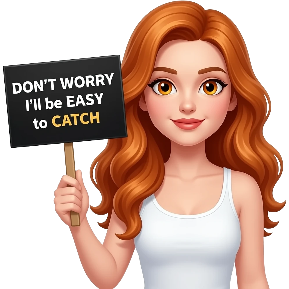 sexy girl with long wavy ginger hair and ginger eyes wearing a white tanktop is holding a black colored sign with DON'T WORRY I'll be EASY to CATCH written on it emoji