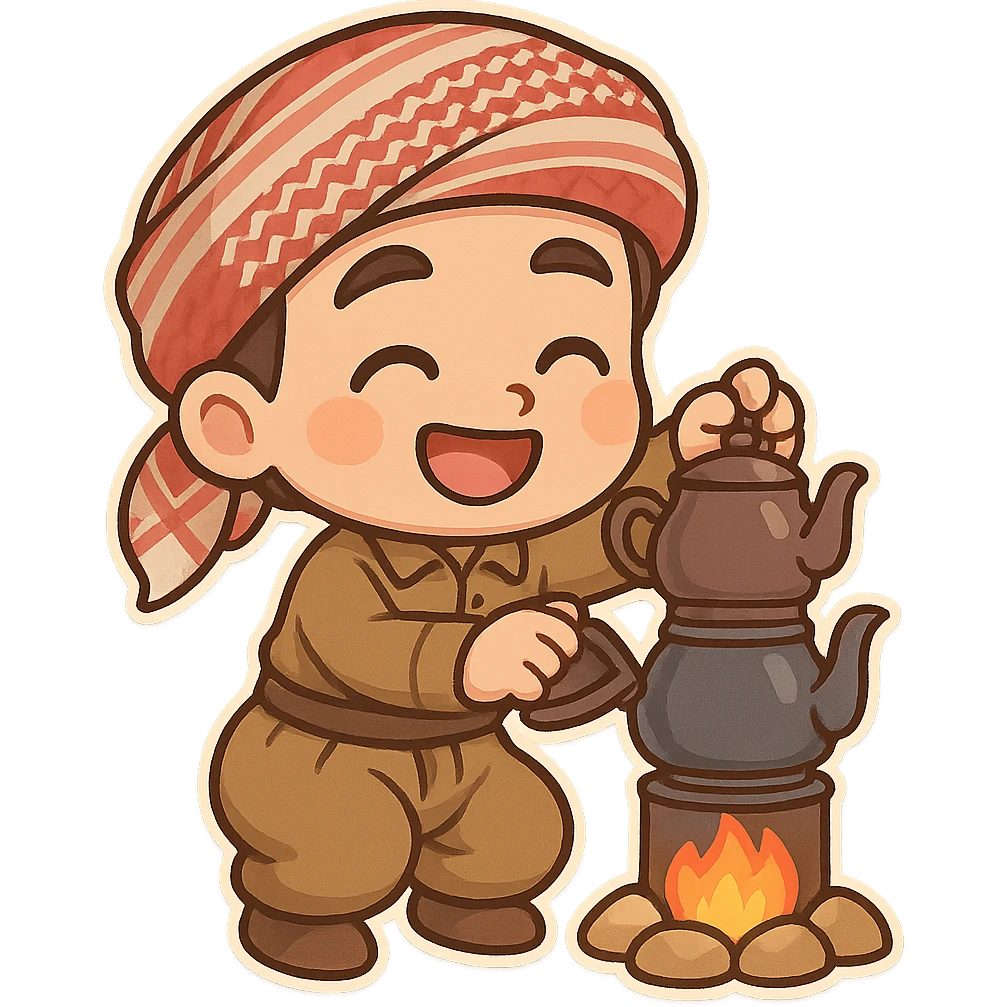 chibi cartoon sticker of a cheerful Kurdish person making tea in a traditional double teapot (کتری دوکەڵاو) on a small fire outdoors emoji