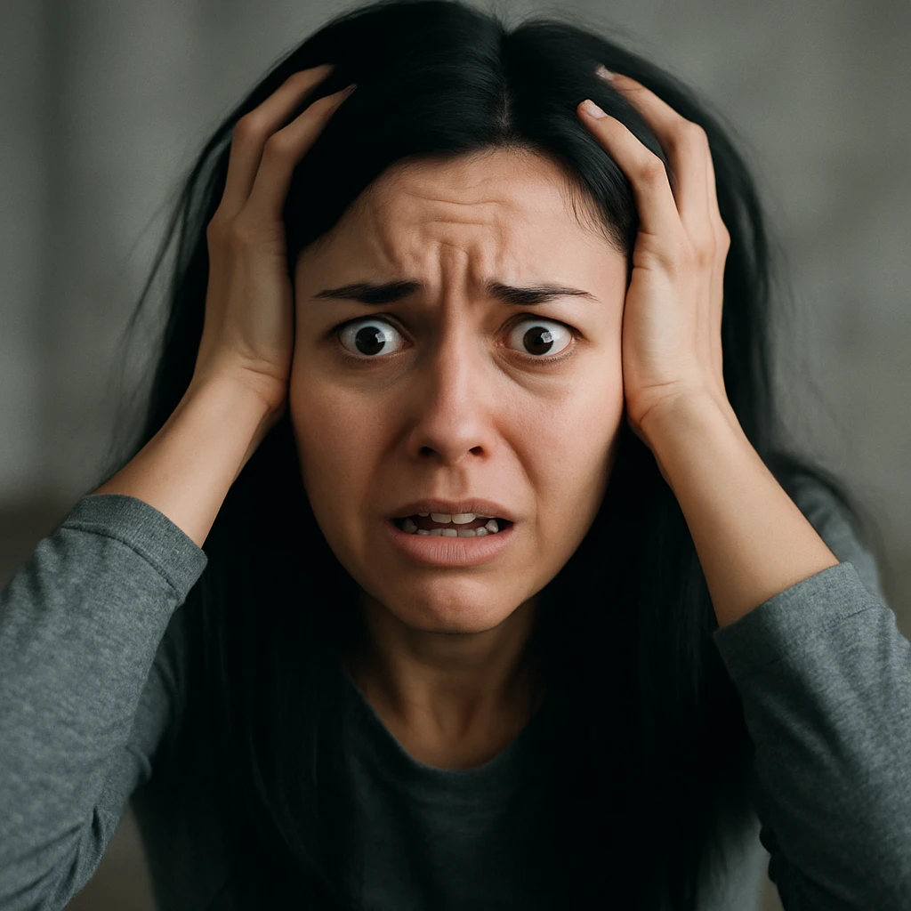 woman with long black hair, wide eyes, anxious expression, hands clutching head, mental breakdown emoji