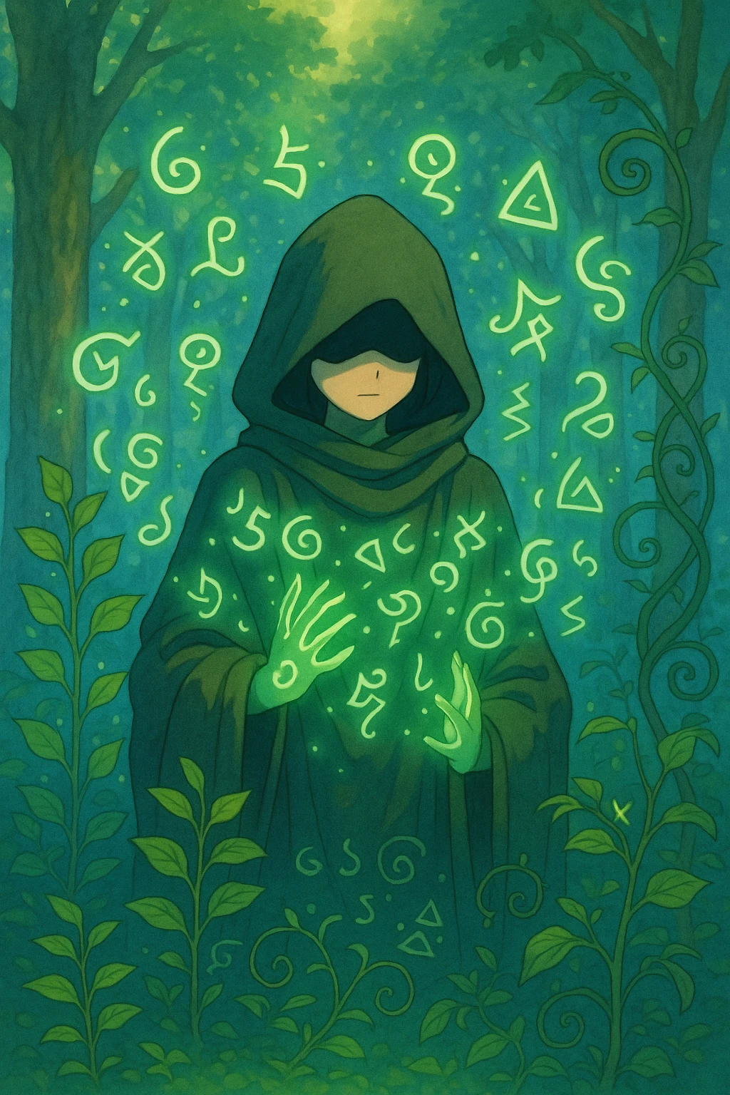 Add glowing magical runes floating around the hooded figure's hands in the ghibli style. emoji