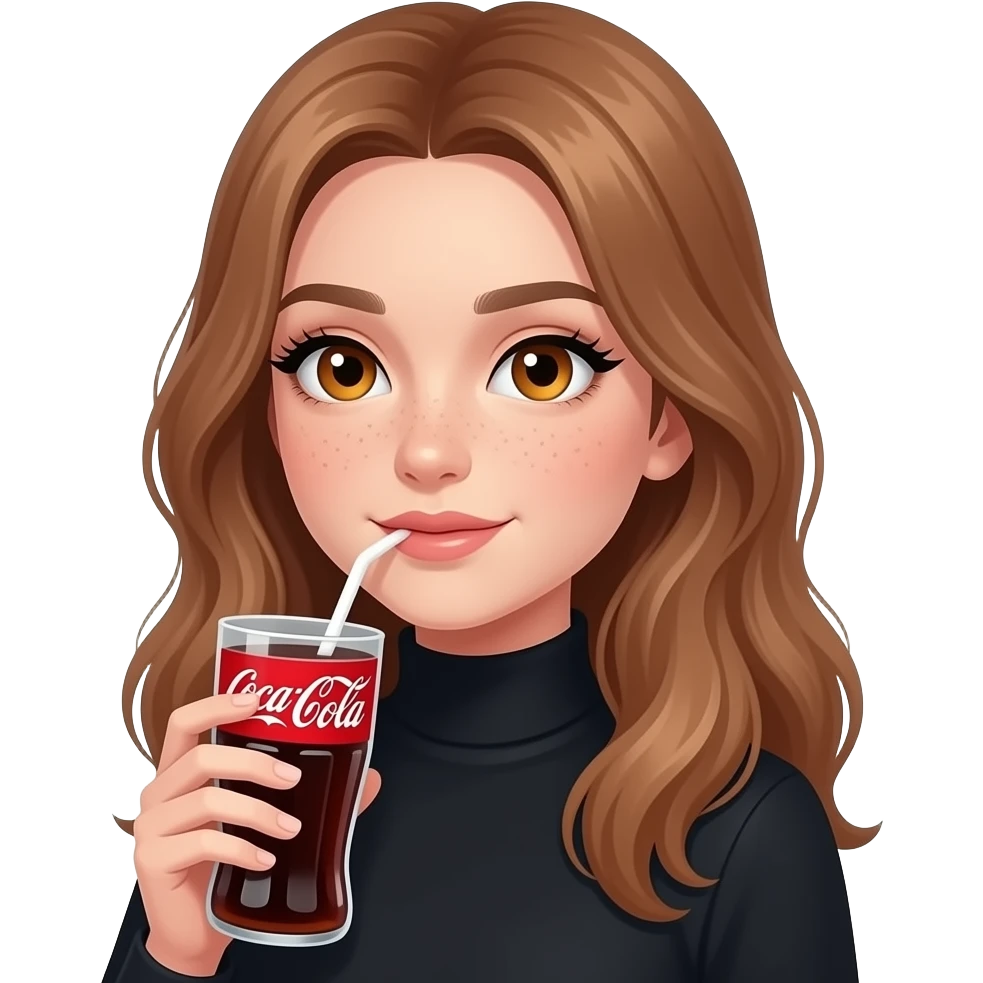 girl with light brown hair with amber eyes drinking a diet coke wearing a black turtle neck and she has freckles and thick eyelashes academia aesthetic emoji