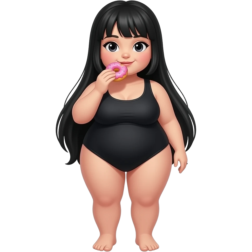 Fat girl full body wearing black with long black hair and dark eyes eating donut emoji
