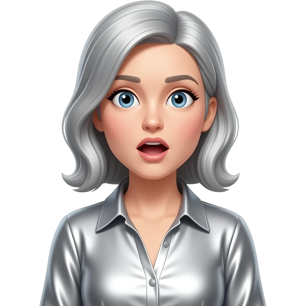 Create an emoji of a seated woman in metallic silver. The woman is making a surprised expression. The background is white. The final result must have maximum resolution, high contrast, and extreme sharpness. Illustration style: Vintage – Art Deco – 2D emoji