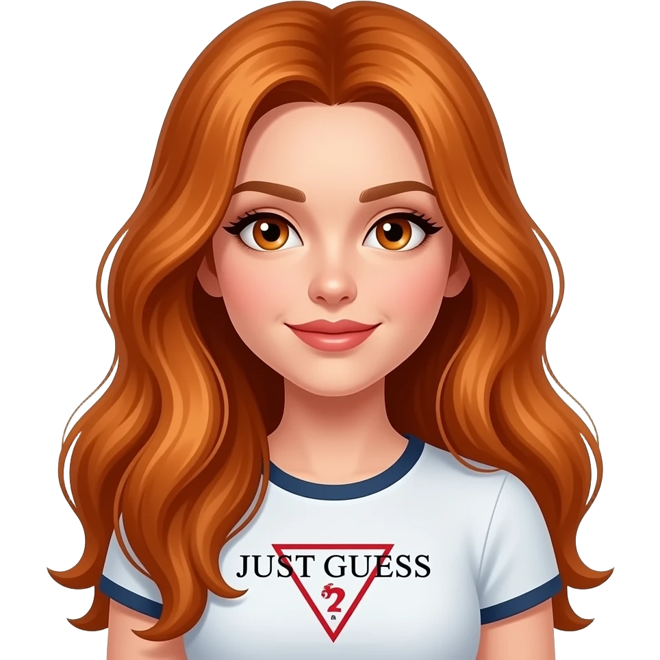 sexy girl with overlong ginger hair and ginger eyes a top with JUST GUESS... written on it emoji