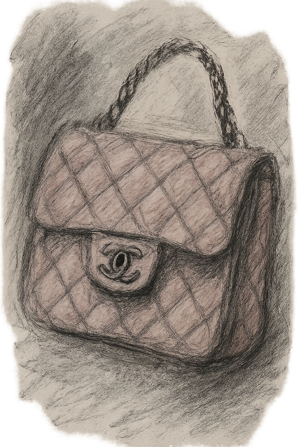 a pink Chanel purse, hand-drawn pencil lines, artistic emoji