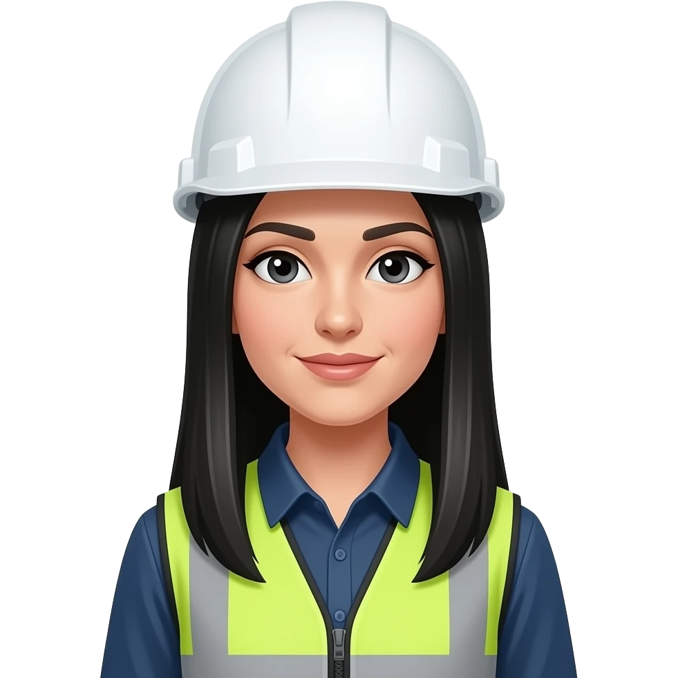 Mujer vestida de chaleco, fondo de empresa industrial cabello totalmente negro largoooo y totalmente  liso, casco blanco emoji