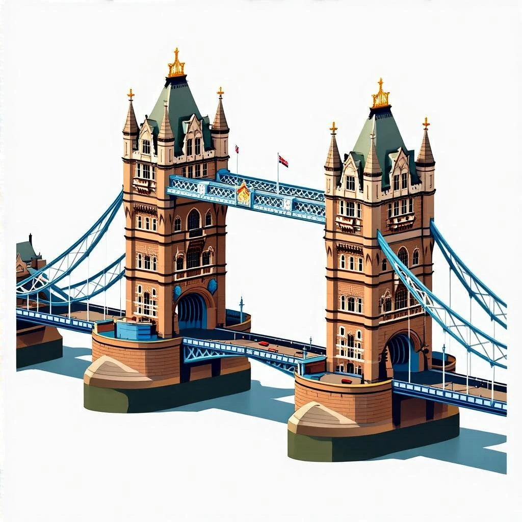 Isometric illustration of photorealistic Tower Bridge in London, detailed towers and suspension sections, subtle brick and metal textures, miniature style with soft shadows, transparent background. emoji