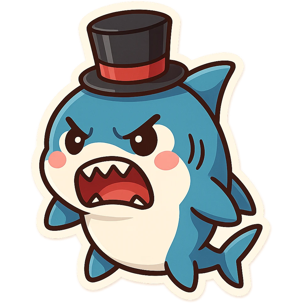 angry cartoon shark with a top hat, bold style, chibi stickers style, vibrant colors emoji