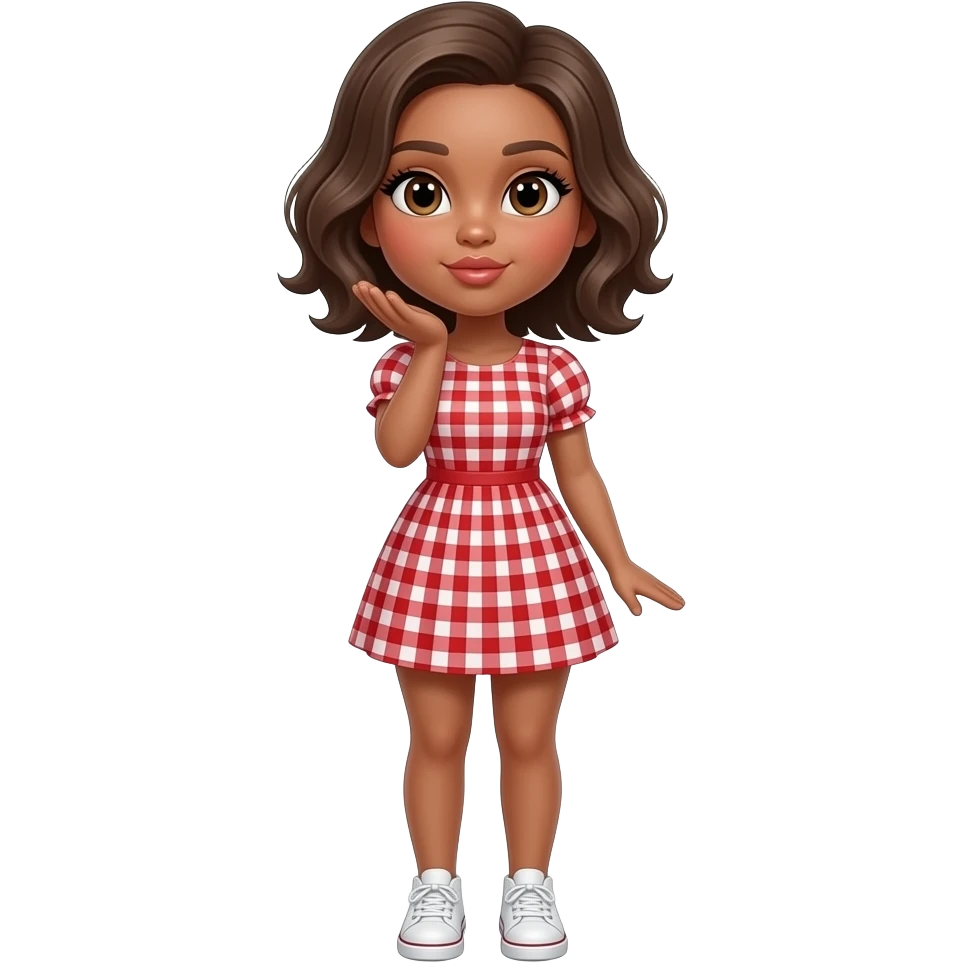 glamours,-tanned,-very-beautiful-girl,-with-big-pump-peach-beige-rose-lips,-long-long-lashes,-honey-silky-very short- hair,-wavy-hair,-hazel-eyes- wearing- red-gingham-frill - dress- white-sneakers-blowing-a-kiss-from-hand-full-body emoji