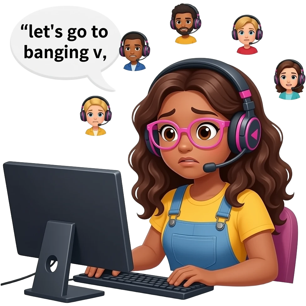 A curvy tan woman with long curly hair and pink glasses, wearing overalls and a yellow shirt, wearing a gaming headset,sitting at her computer, looking anxious, speech bubble saying "let's go to banging v" And some floating avatars of people in gaming headsets emoji