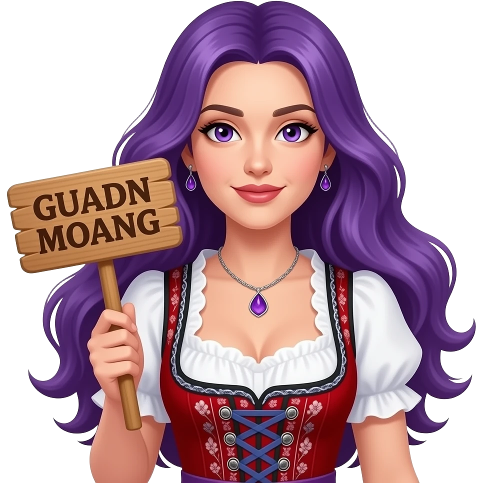 sexy girl with long purple hair and purple eyes wearing a dirndl holding a GUADN MOANG sign emoji