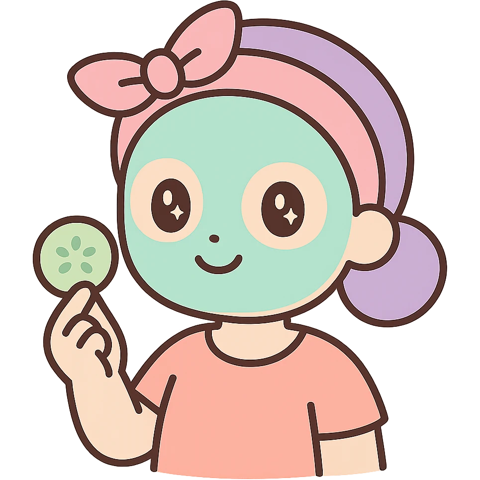 A self-care illustration with a person doing a face mask and holding a cucumber slice emoji