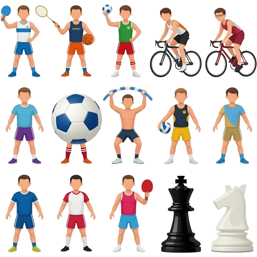 Chat, crie uma imagem com atletas com algumas dessas modalidades: atletismo, badminton, basquete, bocha, bolão, ciclismo, futebol 7, futsal, ginástica rítmica, handebol, handebol de praia, natação, rugby, tênis, tênis de mesa, vôlei de praia, voleibol e xadrez emoji