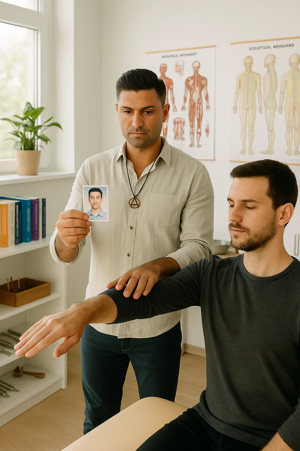 a middle-aged man, dressed in casual professional attire, is in a bright, organized therapy studio. Durante una visita di kinesiologia, il ragazzo tiene con una mano la foto di una persona lontana (il “testimone”) tiene la foto in mano, mentre con l’altra mano esegue un test muscolare su un cliente presente senza foto lui non tiene la foto. Sullo sfondo si vedono libri di kinesiologia, poster anatomici e strumenti tipici della disciplina. L’atmosfera è concentrata e serena, con luce naturale che entra dalla finestra, sottolineando l’aspetto alternativo e umano della pratica. emoji