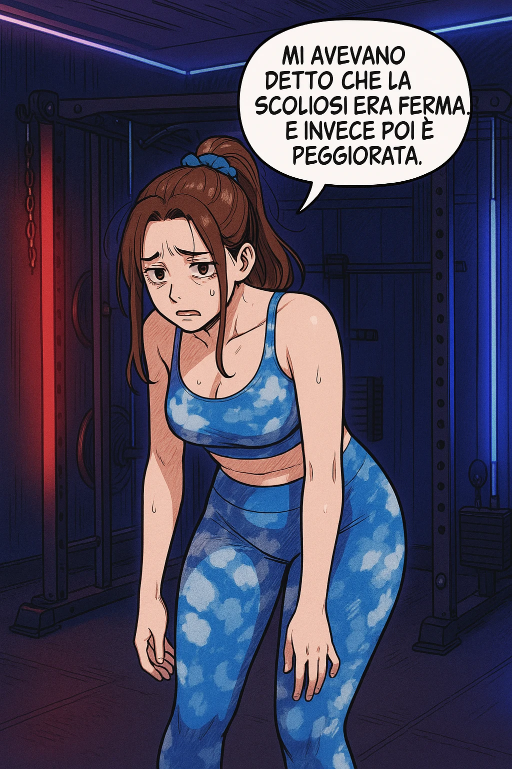 fai questa immagine in versione fumetto/manga/webtoon a colori, il manga mostra la donna disperata con un fumetto sulla testa che dice:
Mi avevano detto che la scoliosi era ferma… e invece poi è peggiorata.
 emoji