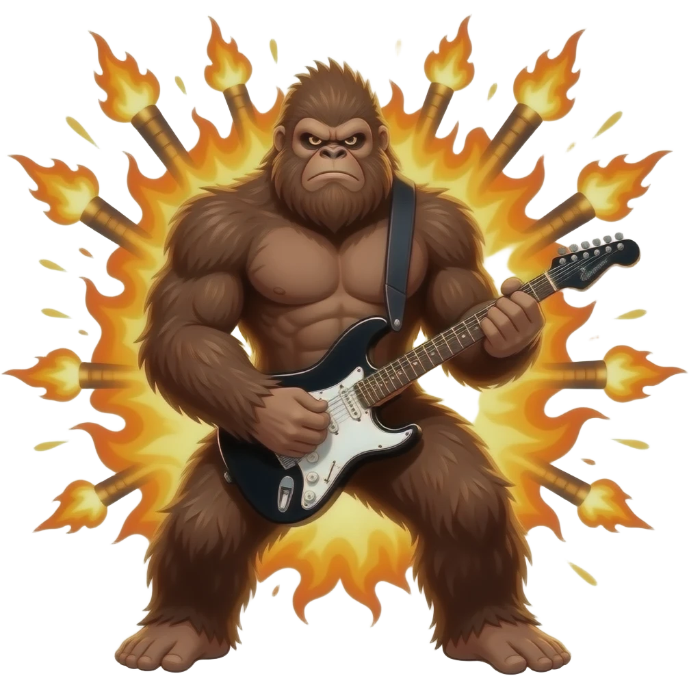Bigfoot playing heavy metal guitar with pyrotechnics shooting flames behind him emoji