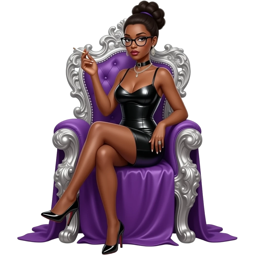 femme  peau tres noire mince visage fin  lunettes 45ans dominatrice  assise sur un trone baroque en argent sur une couverture violette vetue d'une tobe latex jambes nue talons aiguille cigarette a la main coiffure africaine mais pas en boule emoji