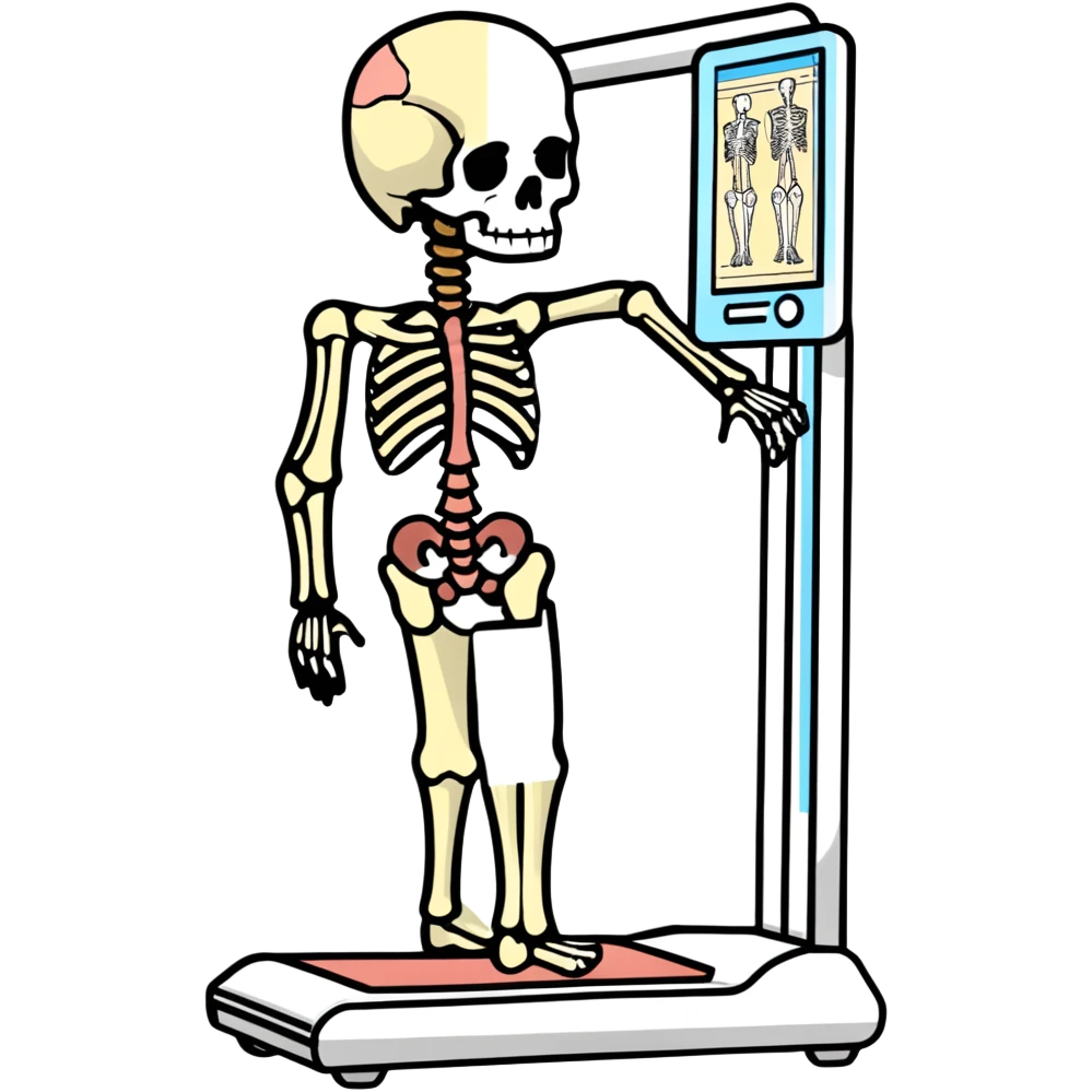 DEXA scan result showing full body composition with bones in white and tissue in different colors, medical diagnostic image emoji