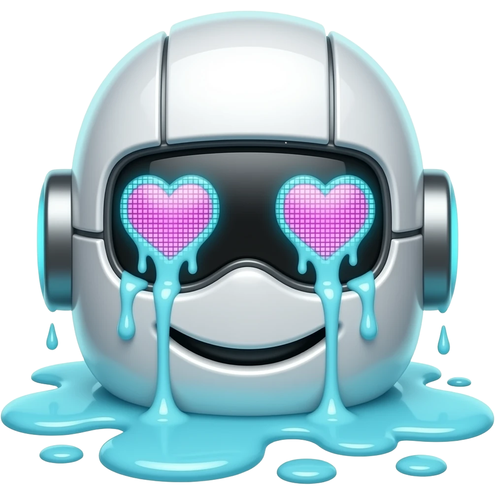 mix into one: robot, smiling face eyes-hearts, upsidedown, melting. Only robot's face. Upsidedown emoji