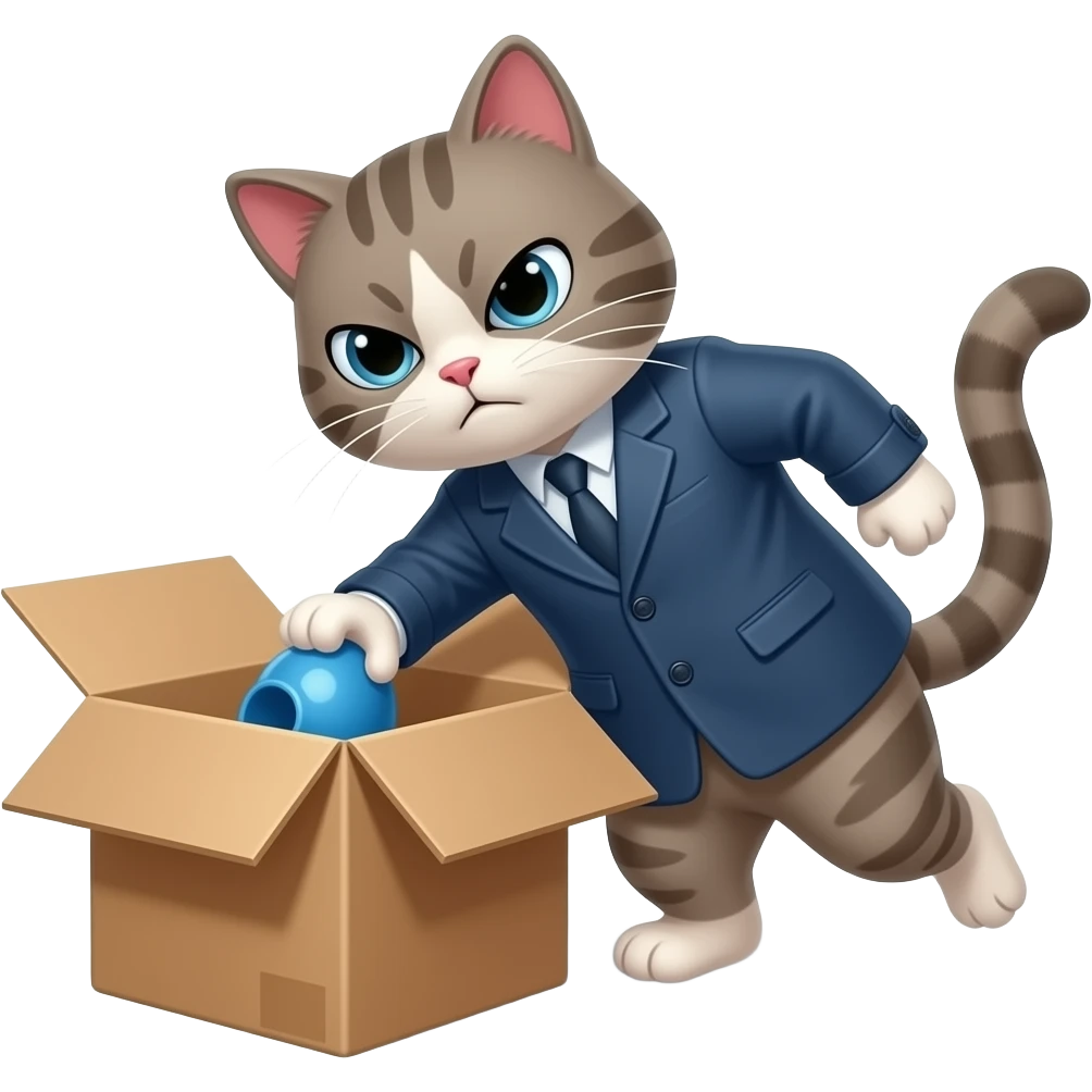 create a grumpy cat trying to put coat in box emoji